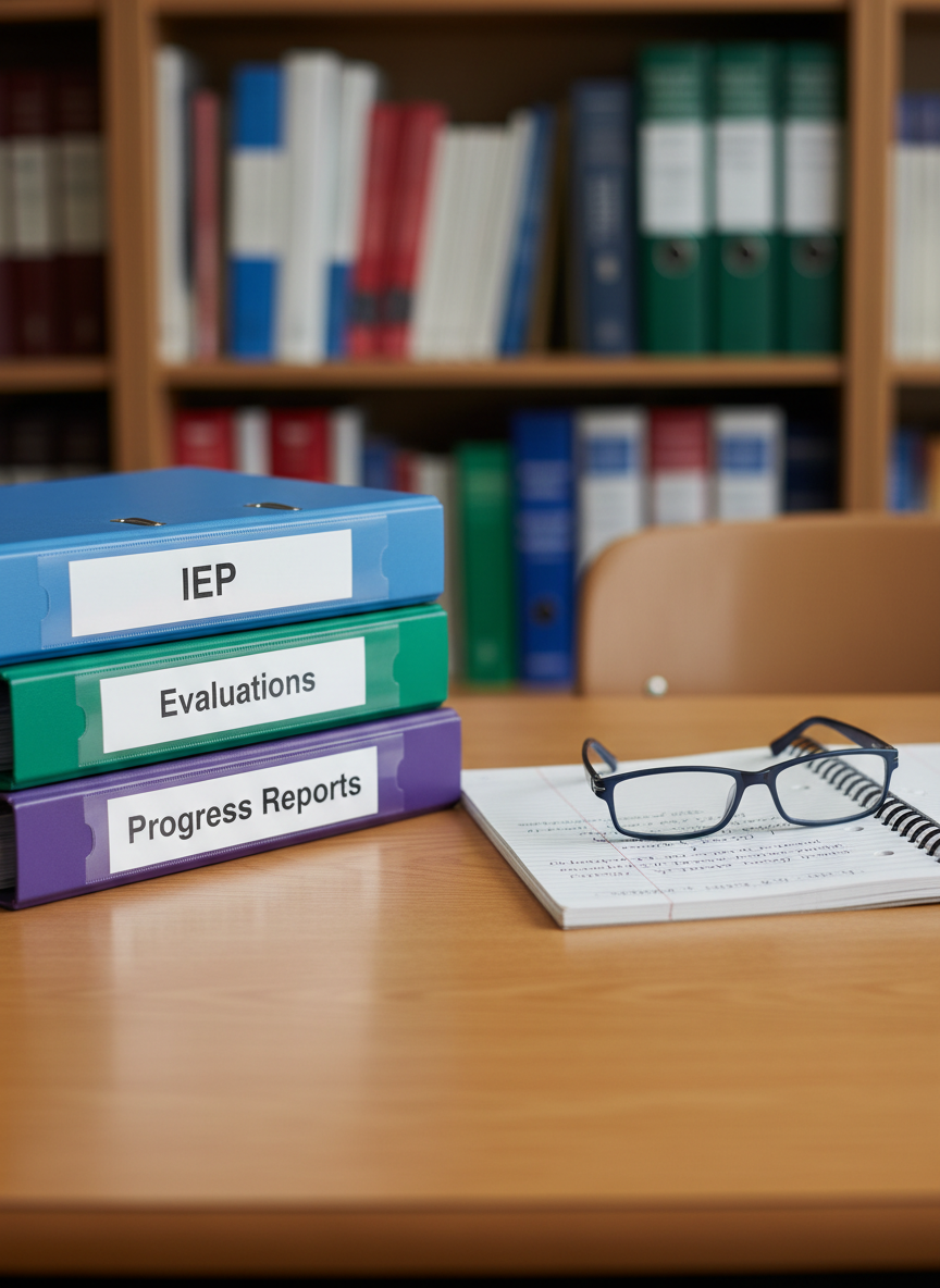 A neatly organized wooden school desk with a smooth, light maple surface, covered with a carefully arranged stack of color-coded binders labeled “IEP,” “Evaluations,” and “Progress Reports” in clear, professional fonts. Beside them lies an open spiral notebook with tidy handwritten notes and a pair of dark blue reading glasses resting on top. The desk is positioned in front of a softly blurred bookshelf filled with educational resources and policy manuals. Gentle daylight filters through an unseen window, casting soft, even illumination with subtle shadows along the binder edges. Photographic realism, eye-level composition, and a moderate depth of field create a calm, reassuring, and professional atmosphere suitable for a special education guidance website.