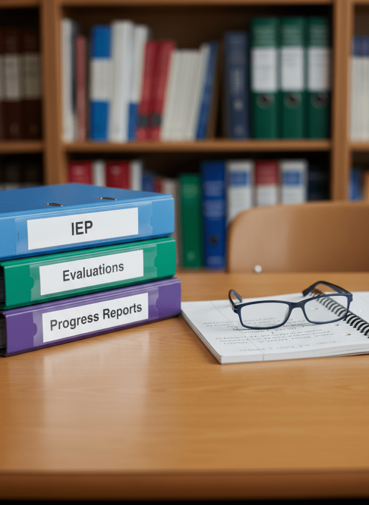 A large, clean whiteboard mounted on a soft gray wall, meticulously divided into labeled sections: “Assessment,” “IEP Goals,” “Accommodations,” and “Communication with School.” Each section features neatly written bullet points in different colored dry-erase markers, with magnetic icons representing checkmarks, calendars, and documents. A slim metal tray holds organized markers and an eraser. The scene is lit by diffused, bright overhead lighting that eliminates harsh shadows, creating a crisp, modern look. Shot straight-on with sharp focus across the entire frame, the photographic image feels structured, clear, and supportive, evoking the feeling of a well-planned roadmap for navigating special education processes.
