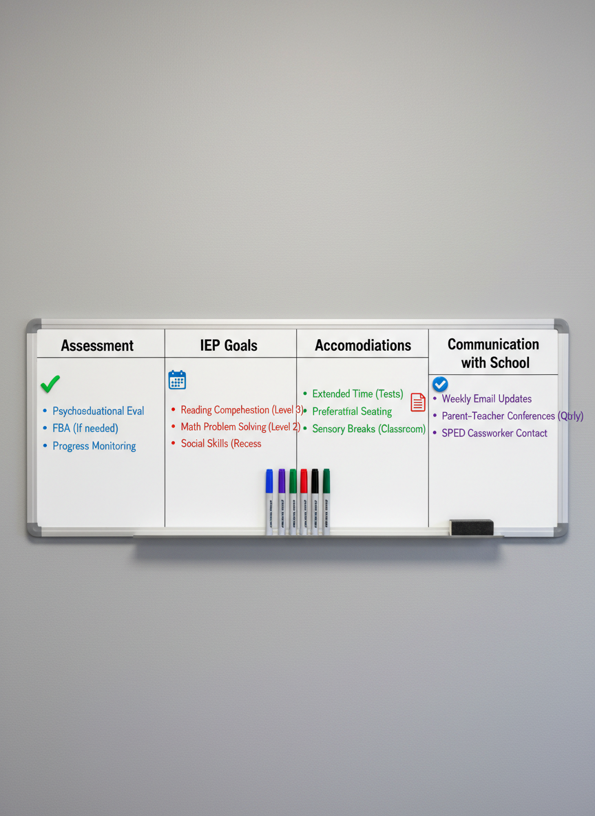 A large, clean whiteboard mounted on a soft gray wall, meticulously divided into labeled sections: “Assessment,” “IEP Goals,” “Accommodations,” and “Communication with School.” Each section features neatly written bullet points in different colored dry-erase markers, with magnetic icons representing checkmarks, calendars, and documents. A slim metal tray holds organized markers and an eraser. The scene is lit by diffused, bright overhead lighting that eliminates harsh shadows, creating a crisp, modern look. Shot straight-on with sharp focus across the entire frame, the photographic image feels structured, clear, and supportive, evoking the feeling of a well-planned roadmap for navigating special education processes.