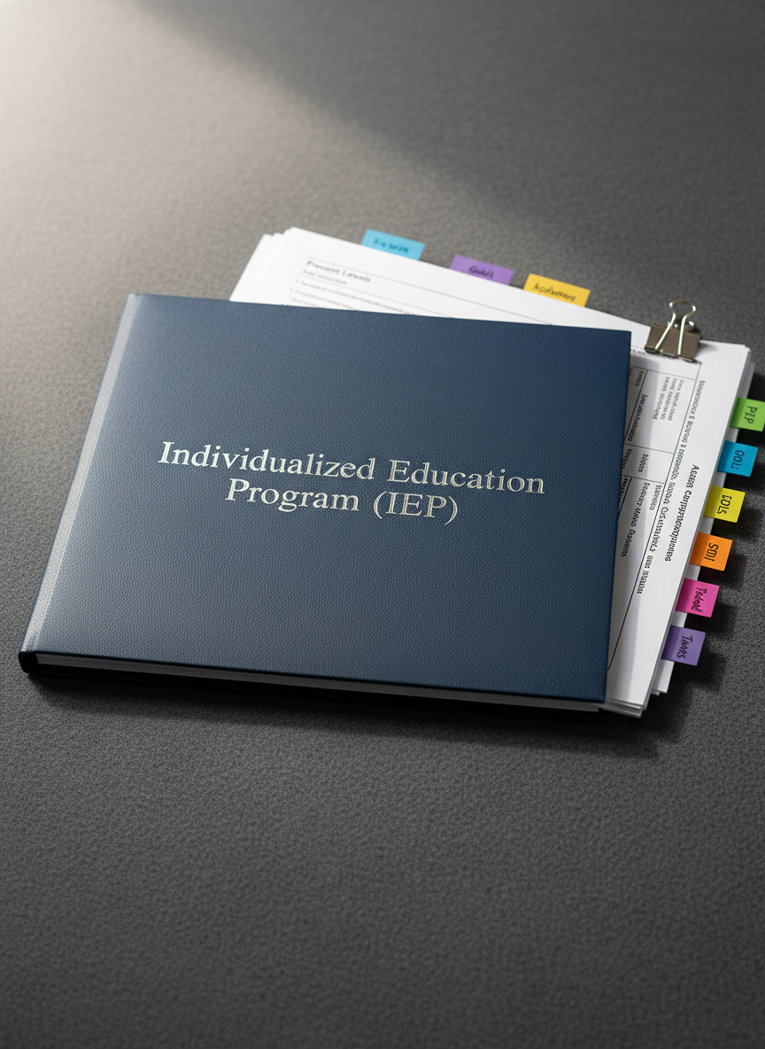 A close-up of a thick, navy-blue folder embossed with the words “Individualized Education Program (IEP)” in silver lettering, resting on a soft-textured charcoal fabric surface. Several neatly clipped pages fan out from the folder, showing partially visible, clearly formatted sections like “Present Levels,” “Goals,” and “Services” without any personal data. Color-coded sticky tabs mark important sections along the side. Soft natural afternoon light from the left creates gentle highlights on the metallic lettering and subtle shadows beneath the folder edges. Captured from a slightly angled, close-up perspective with shallow depth of field, the photographic realism and clean, professional mood emphasize clarity, organization, and expert guidance in understanding IEP documents.